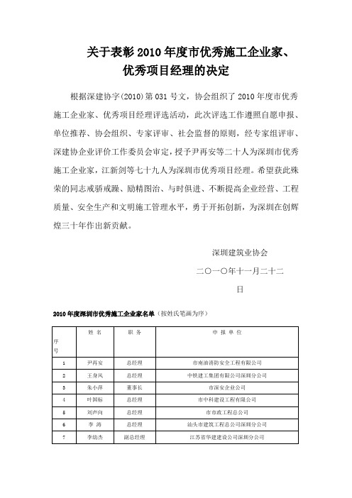 2010年深圳市优秀项目经理、企业家名录