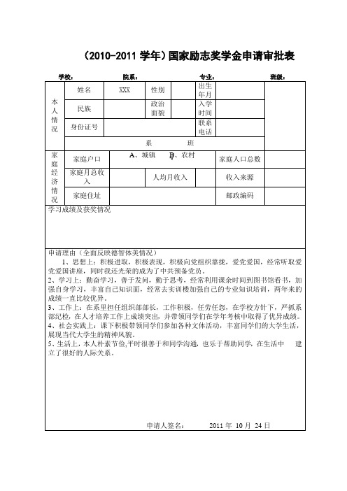 国家励志奖学金申请评审表模板