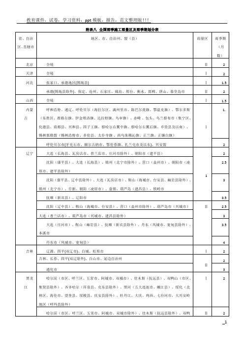 全国雨季施工雨量区及雨季期划分表