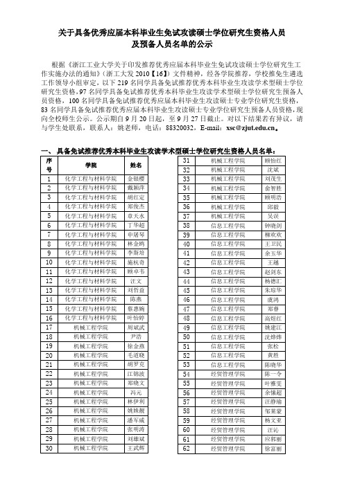 浙工大优秀应届本科毕业生免试攻读硕士学位研究生资格人员公示