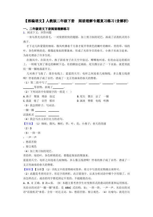 二年级【部编语文】人教版二年级下册  阅读理解专题复习练习(含解析)