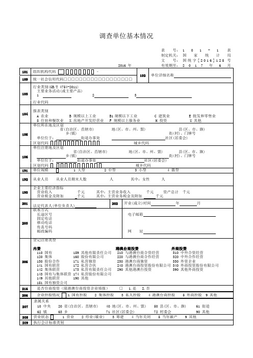 2016年调查单位基本情况表101--表样