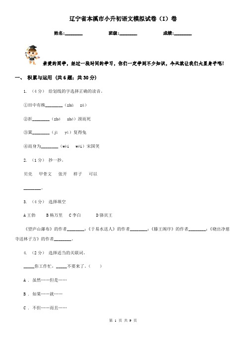 辽宁省本溪市小升初语文模拟试卷(I)卷