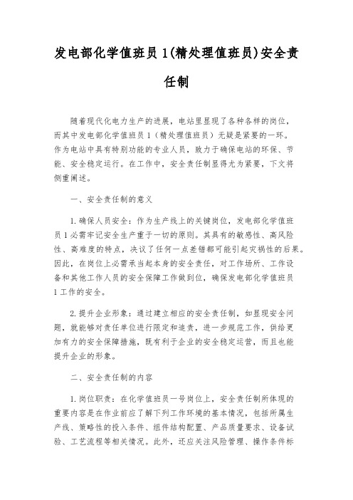 发电部化学值班员1(精处理值班员)安全责任制