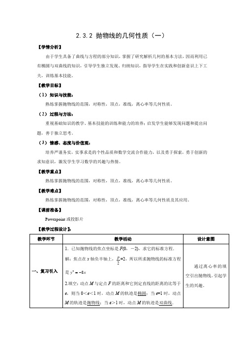 教学设计1：2.3.2 抛物线的几何性质（一）