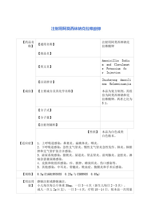 注射用阿莫西林钠克拉维酸钾 说明书 5：1