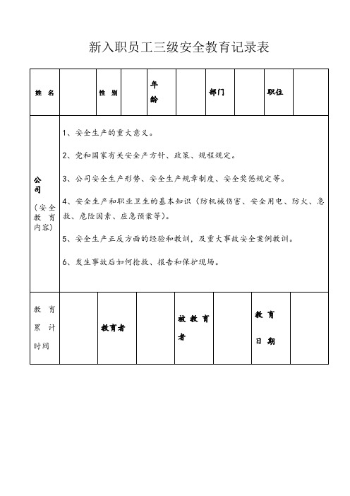 办公室新入职员工三级安全教育记录