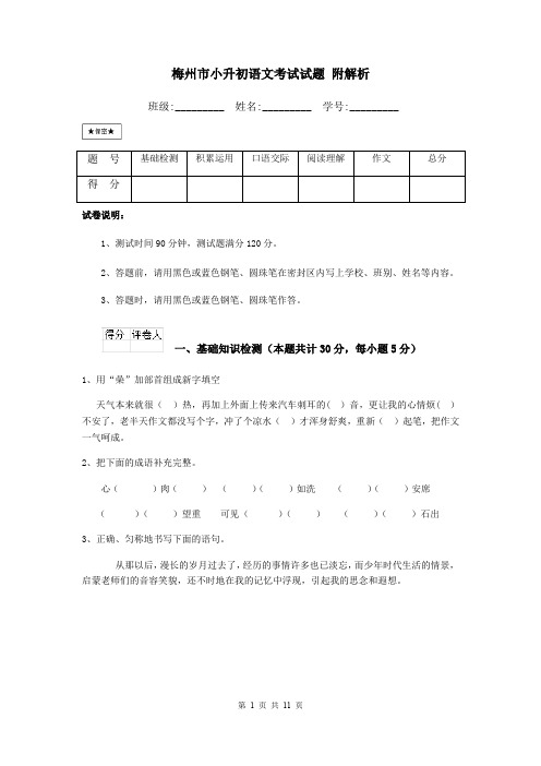 梅州市小升初语文考试试题 附解析