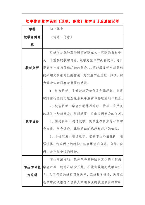 初中体育教学课例《运球、传球》教学设计及总结反思