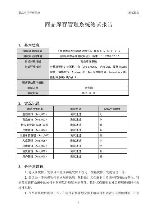 商品库存管理系统 测试报告