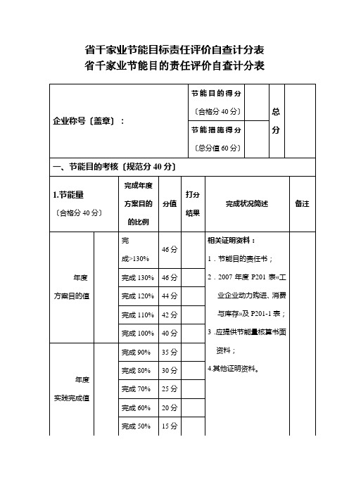 省千家业节能目标责任评价自查计分表