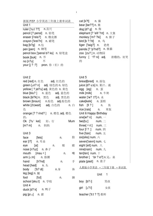 新版PEP小学英语三年级上、下册单词表。带音标。