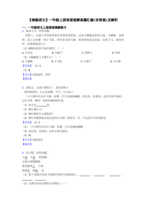 一年级【部编语文】一年级上册阅读理解真题汇编(含答案)及解析