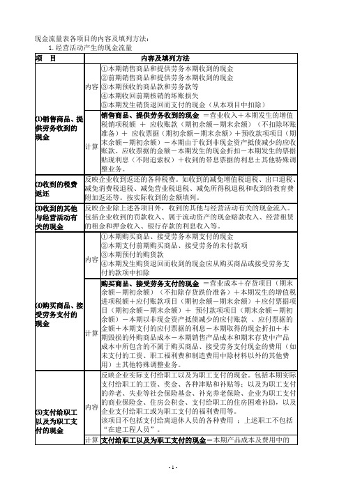 现金流量表各项目的内容及填列方法