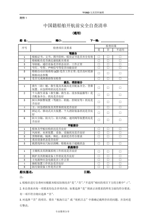 我国籍船舶开航前安全自查清单[2017年新版]