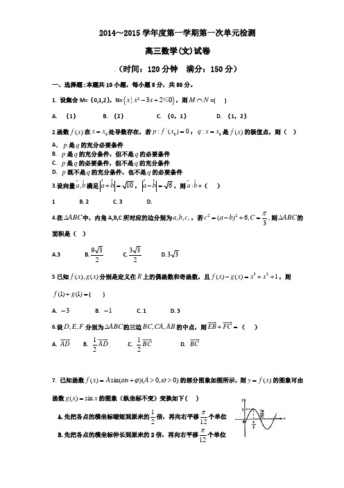 山东省滕州市第一中学2015届高三10月单元检测数学(文)试题及答案