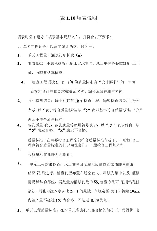 表1.10 水工隧洞回填灌浆单元工程质量评定表填表说明