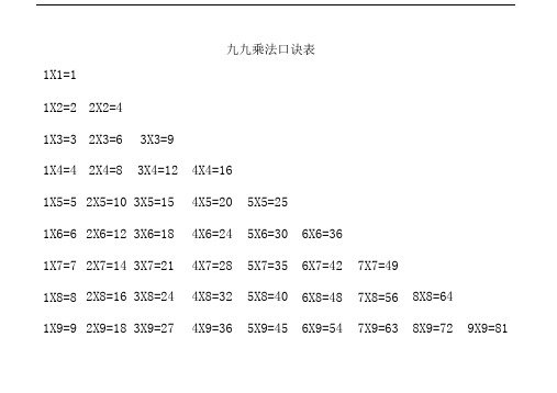 九九乘法口诀表(A4打印版)