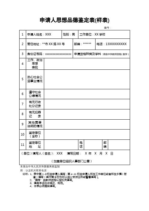 申请人思想品德鉴定表(样表)【模板】