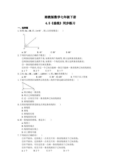 2020-2021学年湘教版数学七年级下册4.5《垂线》同步练习(含答案)