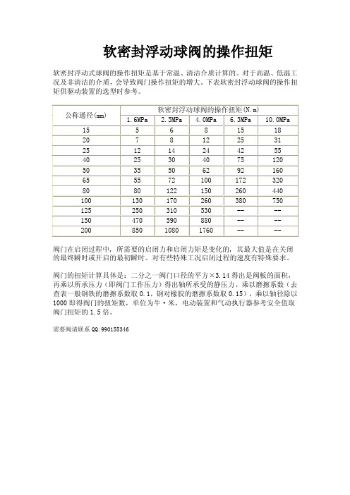 软密封浮动球阀的操作扭矩