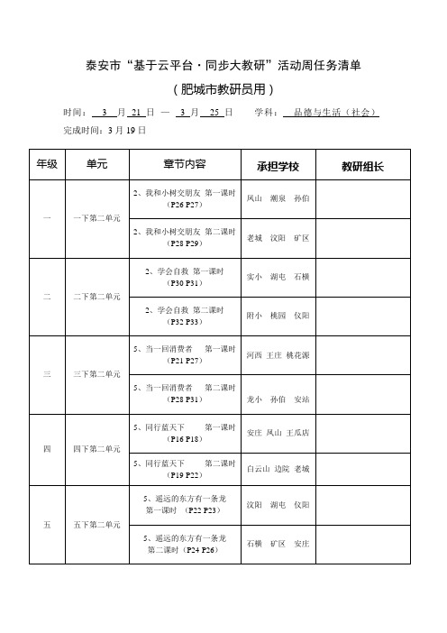 2016肥城小学同步大教研任务分配单(下册第5-8周)