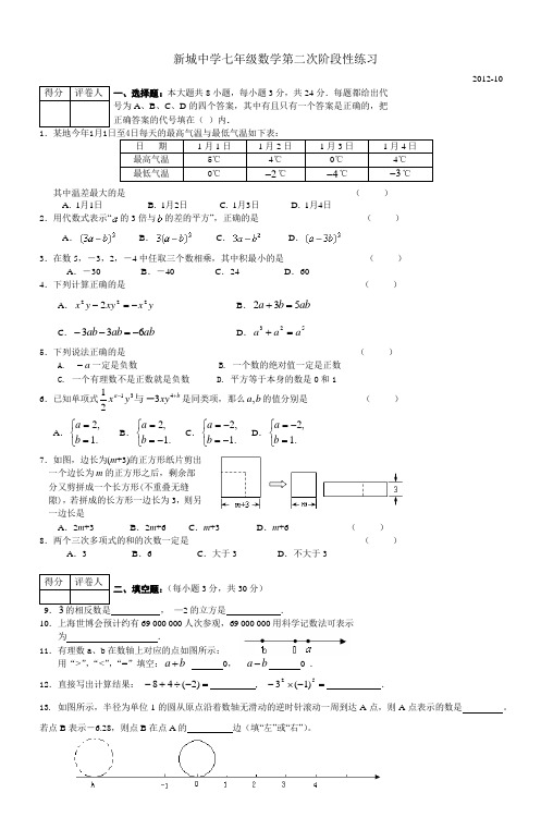 新城中学七年级数学第二次阶段性练习