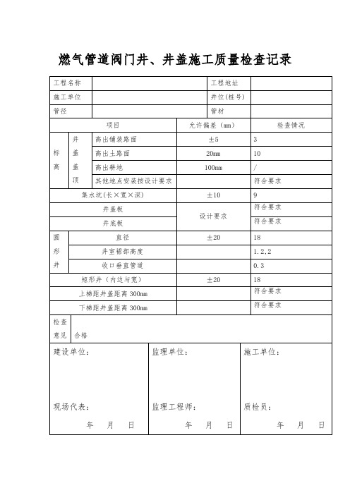 燃气管道阀门井、井盖施工质量检查记录