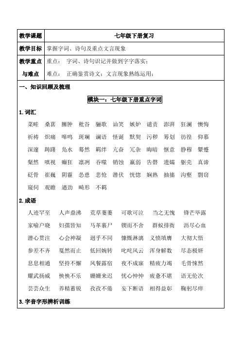 七年级下册字词、诗句及重点文言文复习