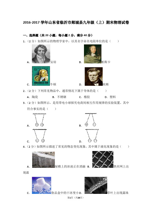 2016-2017学年山东省临沂市郯城县九年级(上)期末物理试卷(解析版)