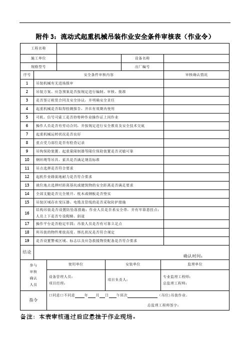 流动式起重机械吊装作业安全条件审核表(作业令)