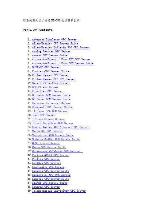 支持NI-OPC的设备和驱动列表