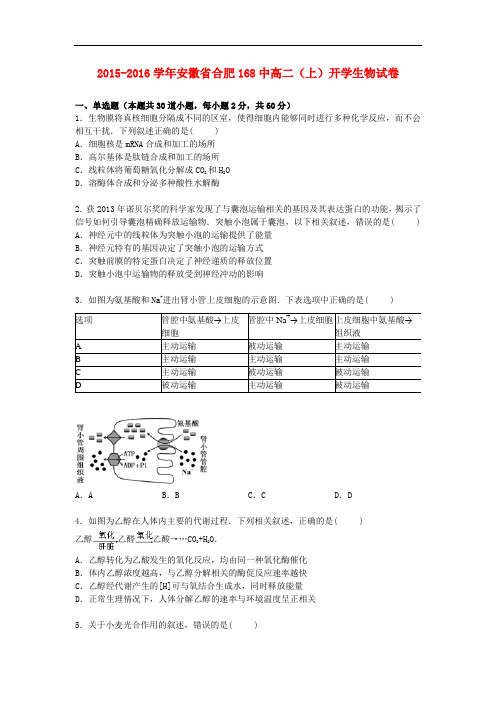 安徽省合肥168中高二生物上学期开学考试试卷(含解析)