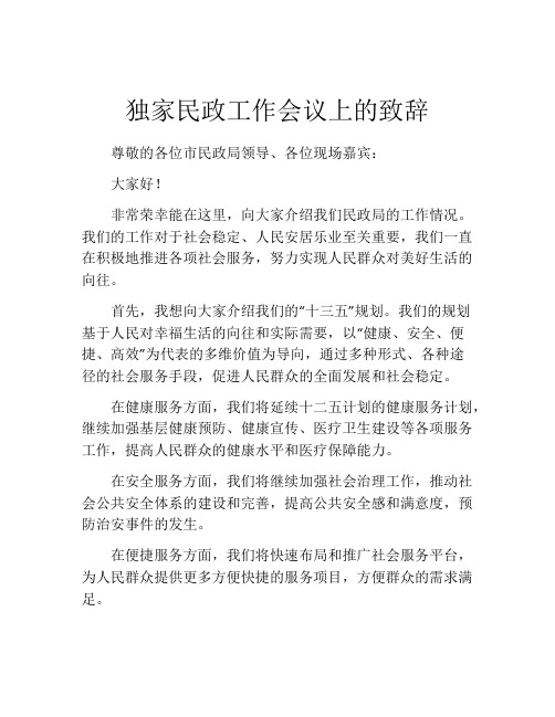 独家民政工作会议上的致辞