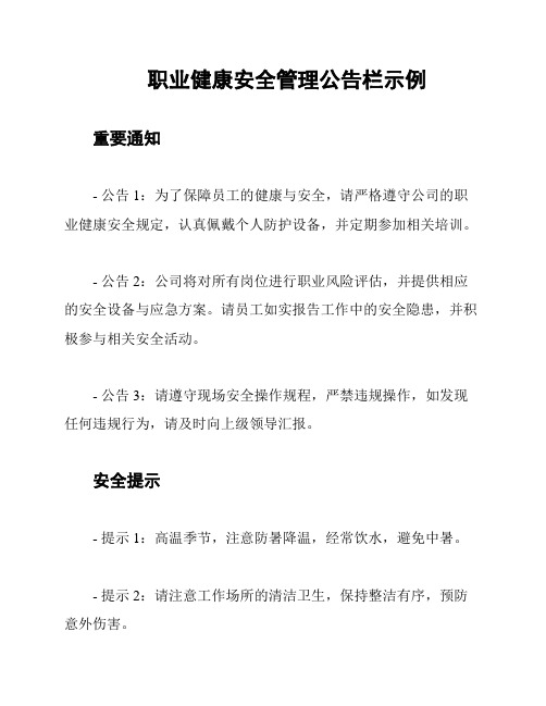 职业健康安全管理公告栏示例