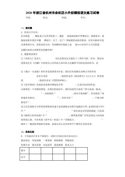 2020年浙江省杭州市余杭区小升初模拟语文练习试卷(答案解析)