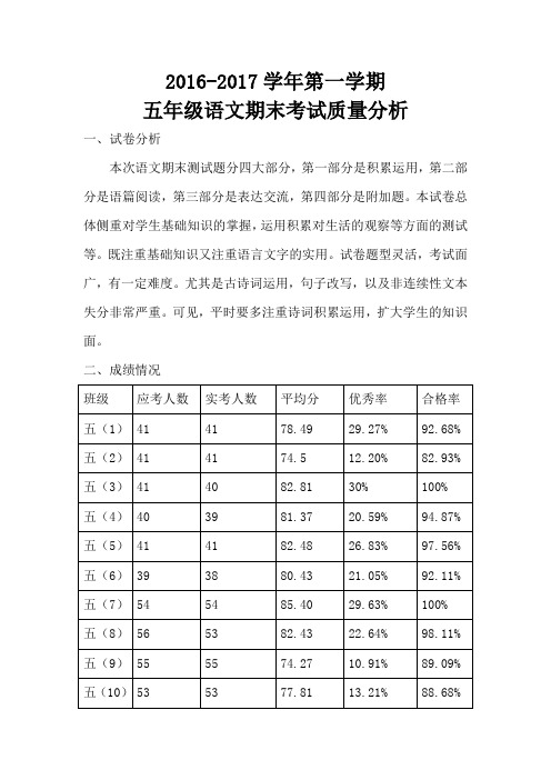 五年级语文期末考试质量分析