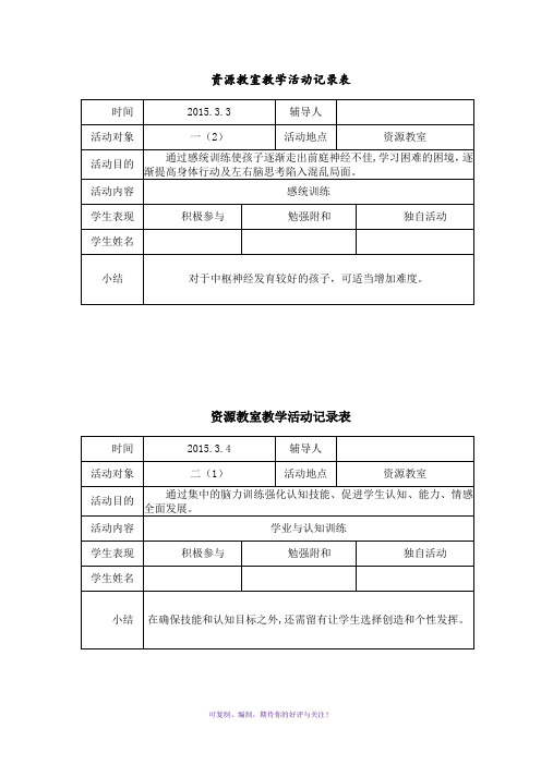 2014-2015第二学期资源教室教学活动记录表