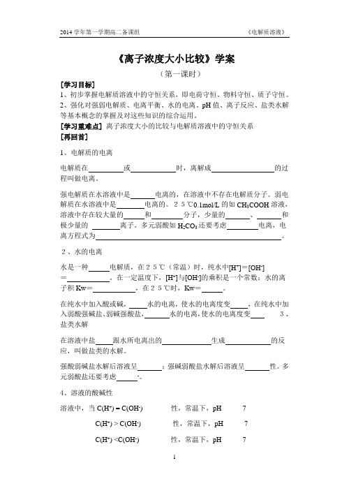 《离子浓度大小比较》 学案 第一课时