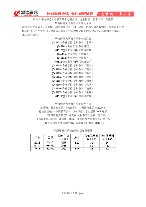 【爱考宝典】2020年华南师范大学教育硕士考研介绍、专业目录、参考书目、分数线