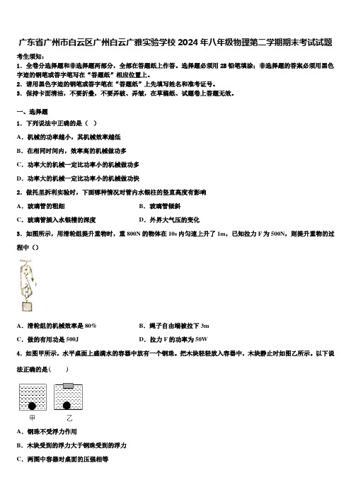 广东省广州市白云区广州白云广雅实验学校2024年八年级物理第二学期期末考试试题含解析