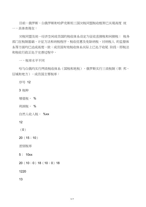 俄罗斯、白俄罗斯和哈萨克斯坦关税同盟税制分析