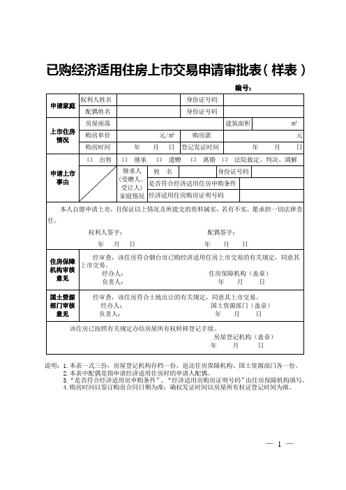 已购经济适用住房上市交易申请审批表(样表)