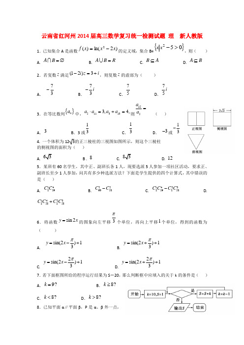 云南省红河州2014届高三数学复习统一检测试题 理 新人教版