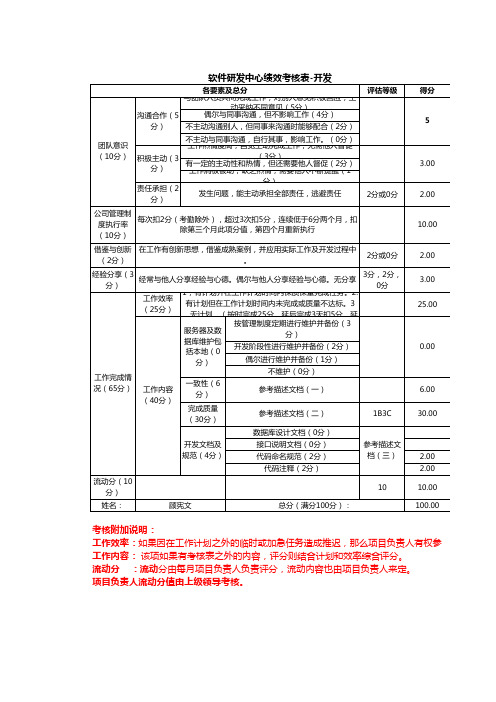 软件开发人员项目考核表