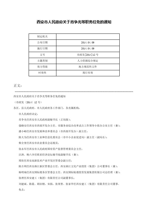 西安市人民政府关于肖争光等职务任免的通知-市政发[2014]12号