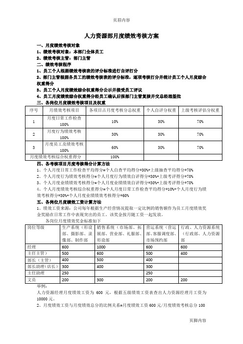 1、人力资源部月度绩效考核方案