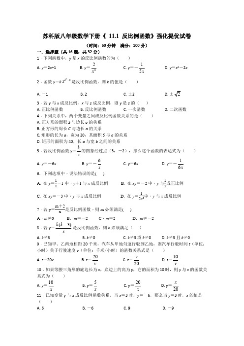 苏科版八年级数学下册  11.1 反比例函数 强化提优试卷