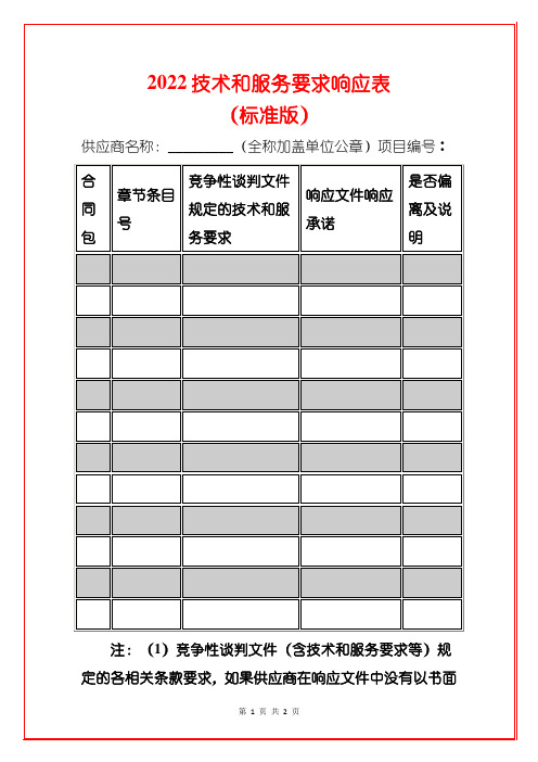 2022技术和服务要求响应表(标准版)