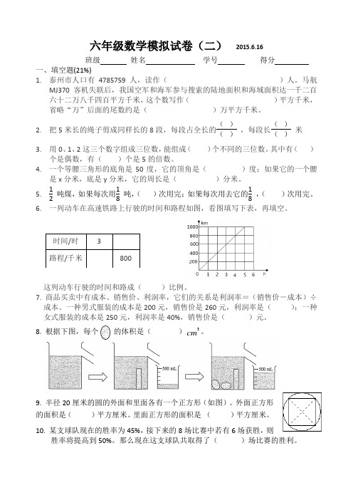 2015年,六年级数学毕业试卷